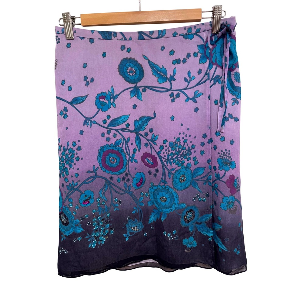 Silk Beaded Skirt Y2K Faux Wrap Floral Lavender Purple 8P Valerie Stevens Petite
